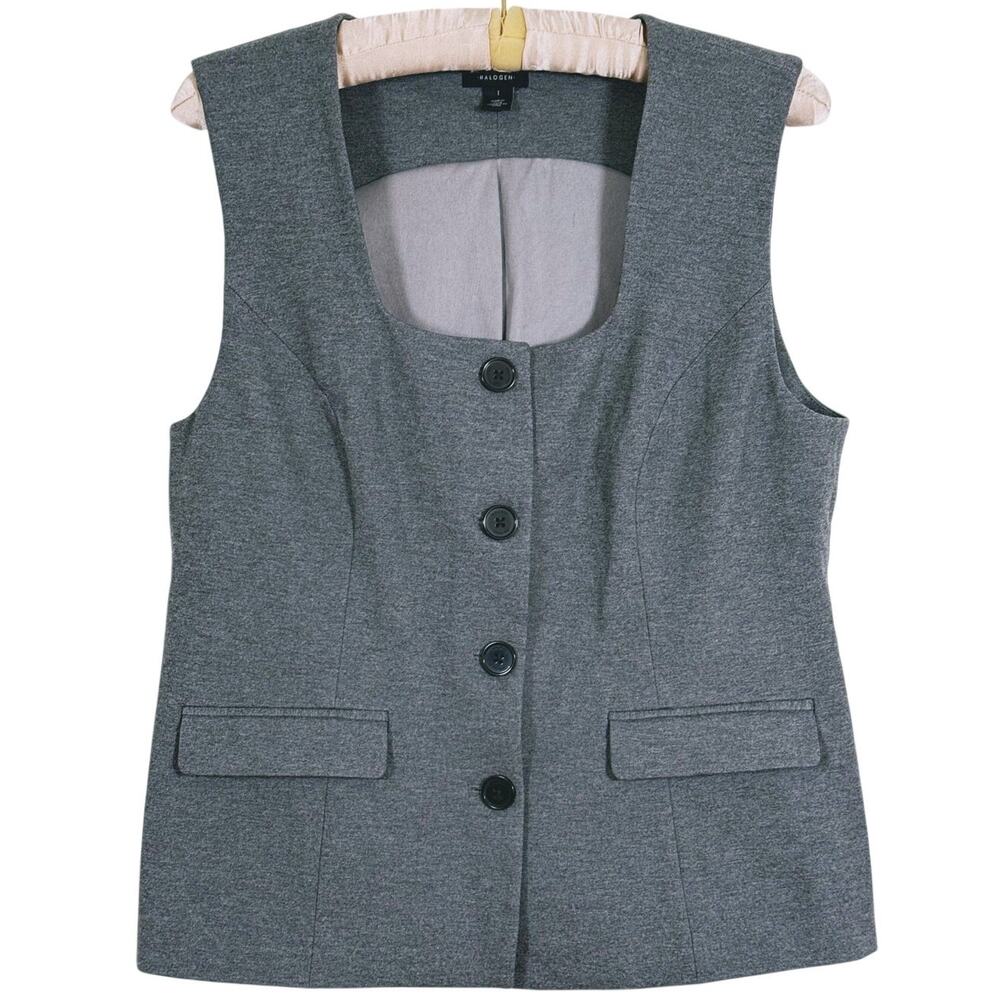 Halogen Square Neck Tailored Vest Button Up Large Gray Old Money Academia Preppy